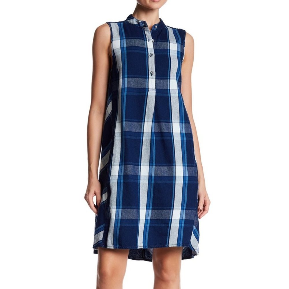 NWT MAX STUDIO Sleeveless Plaid Chambray Dress -XS
